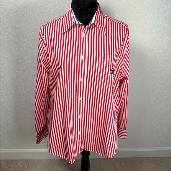 Vintage Tommy Hilfiger Red White Striped Button Up Shirt - Picture 4 of 13